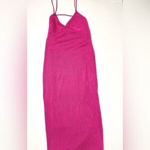 ASOS Vibrant Pink Ribbed Bodycon Midi Spaghetti Strap Cut Out Dress Size 12